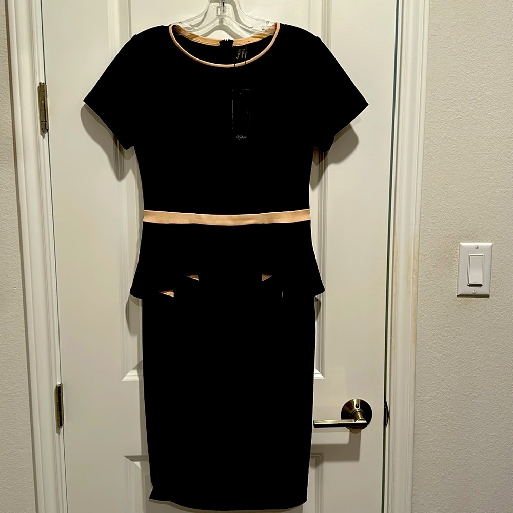 VfShow Women’s Peplum Sheath Dress Small Black and Beige Pleated